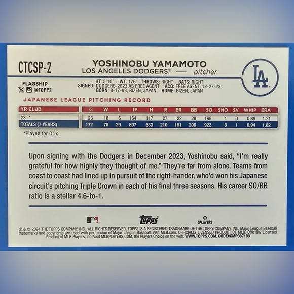 NEW 2024 TOPPS Yoshinobu Yamamoto Rookie Baseball Card  CTCSP-2 - Picture 2 of 4